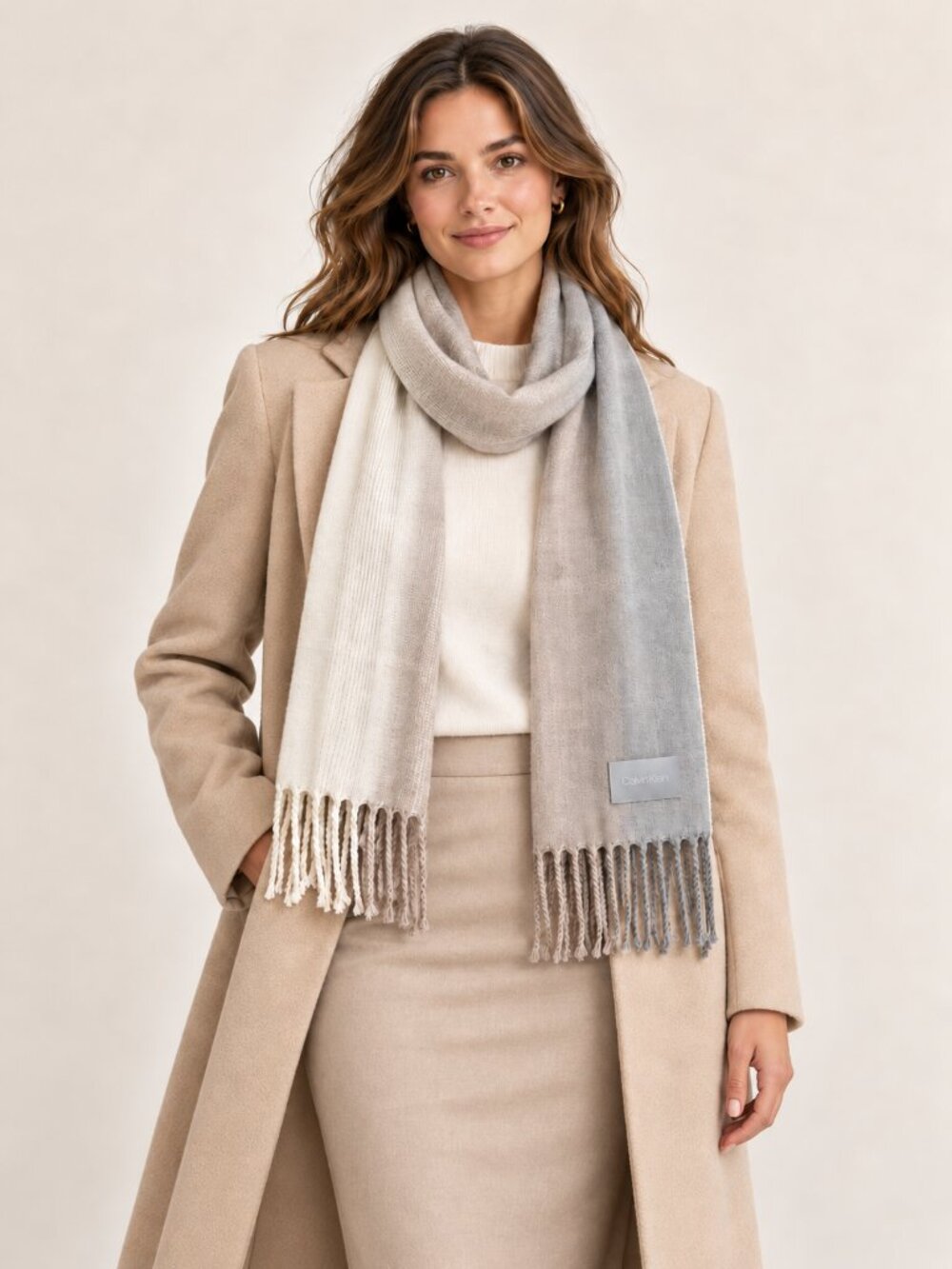 Calvin Klein Wrap Scarf Womens Ivory Beige Gray Ombre Fringe Soft Neutral Modern